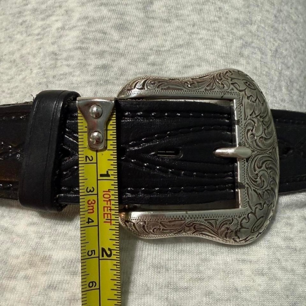 Tooled Wrangler Black leather belt with silver buckle 44"